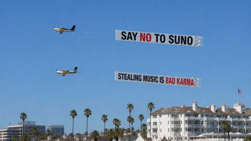 Remember ‘Say No To Suno’? Someone just hired a plane to fly it over an AI investor summit… featuring Mikey Shulman.